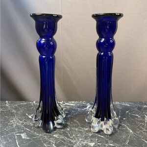 Vintage Cobalt Blue blown Glass Snowflake Candle Stick Holders Set